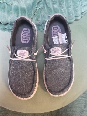 Hey Dude Women Glitter Grey Slip-On Sneakers with Pink Accents